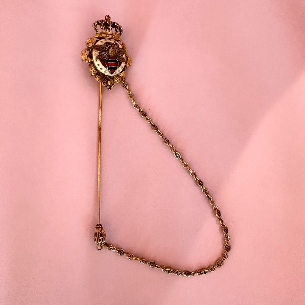Gold Crown Brooch with Chain